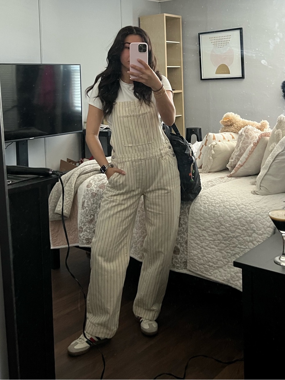 Striped Cream Overalls Jeans